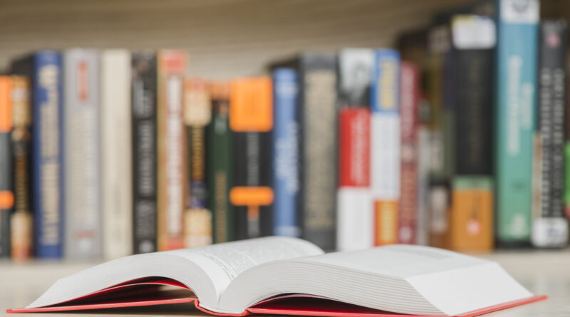 close up opened book library