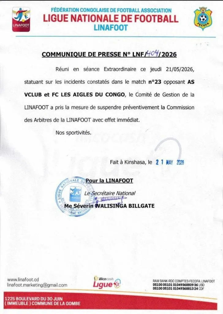 Incidents au stade Stade Tata-Raphaël lors du choc entre AS Vita Club et FC Les Aigles du Congo : la commission des arbitres suspendue image