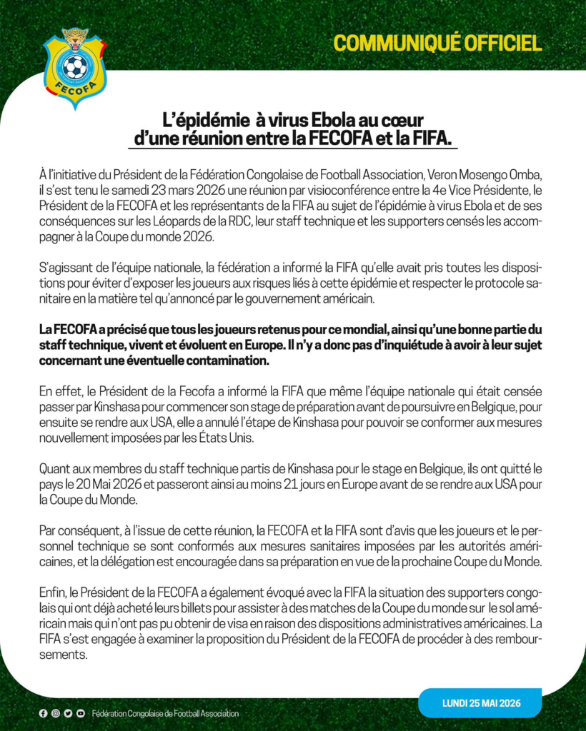 Ebola : la FECOFA et Didier Budimbu démentent toute quarantaine des Léopards image