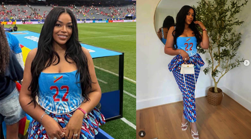 MAGNIFIQUE : Sofia Mbemba, l’épouse de Chancel Mbemba, transforme le maillot de son mari en une élégante robe lors du match Portugal – RD Congo sofia mbemba 260619 01