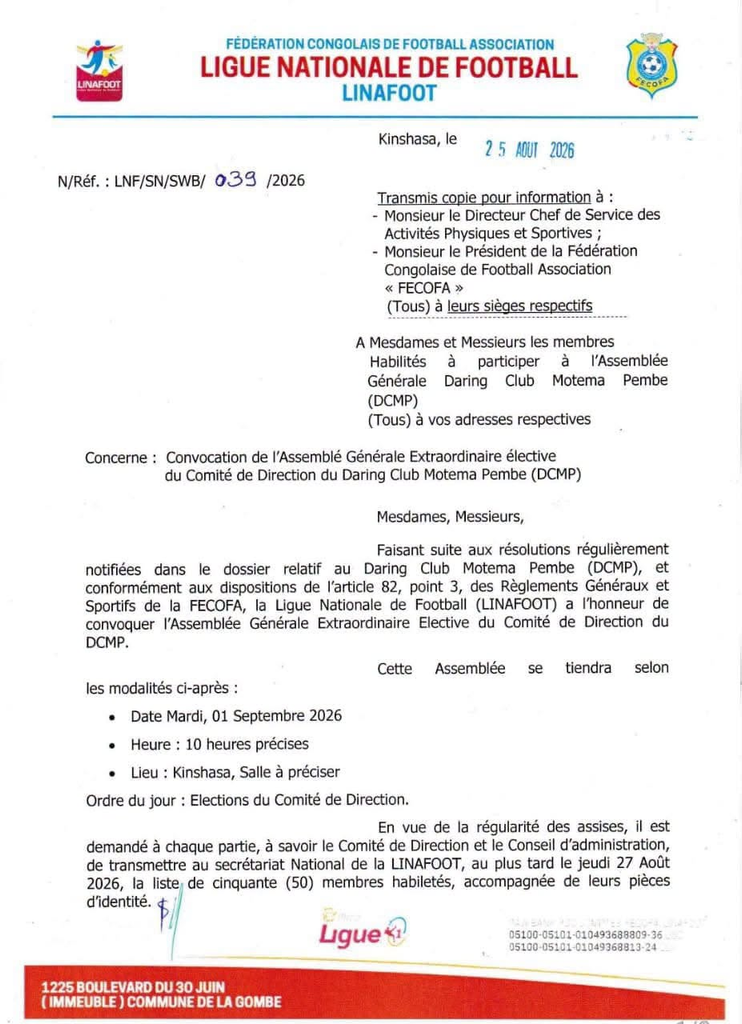 La LINAFOOT convoque l’Assemblée Générale Extraordinaire élective du DCMP image