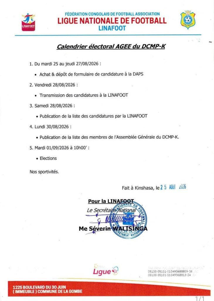 La LINAFOOT convoque l’Assemblée Générale Extraordinaire élective du DCMP image